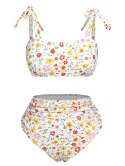 Best Retro Stage 1930s Shoulder Straps Ditsy Florals Swimsuit White