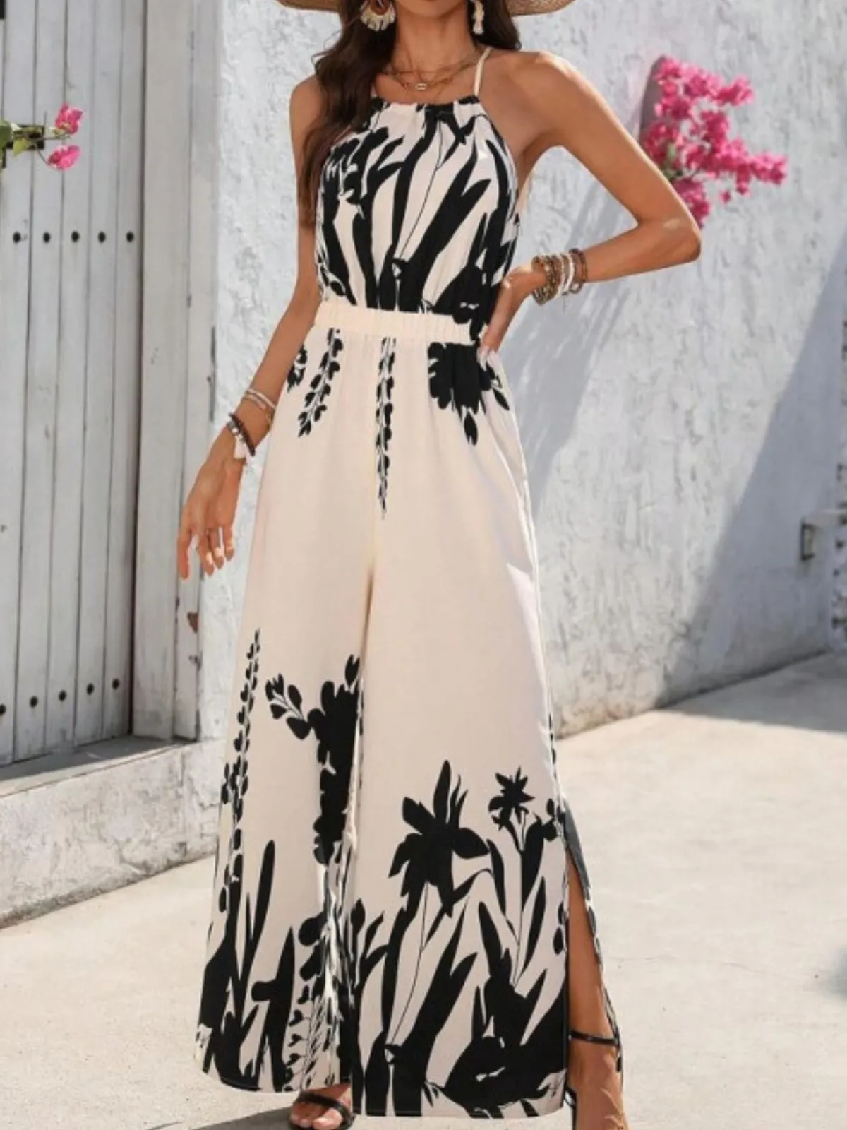 Outlet Retro Stage 1930s Silhouette Plants Spaghetti Straps Jumpsuit White