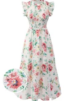 Online Retro Stage 1940s Sleeveless Floral Ruffles Dress White