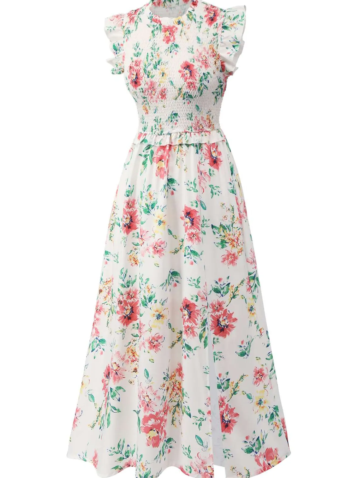 Online Retro Stage 1940s Sleeveless Floral Ruffles Dress White