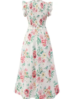 Online Retro Stage 1940s Sleeveless Floral Ruffles Dress White