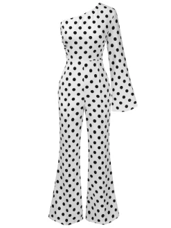 Best Retro Stage 1970s Sloping Shoulders Polka Dot Jumpsuit White