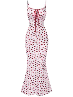 New Retro Stage 1930s Small Floral Straps Mermaid Dress White