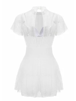 Hot Retro Stage 1940s Soild Lace Translucent Swimsuit White