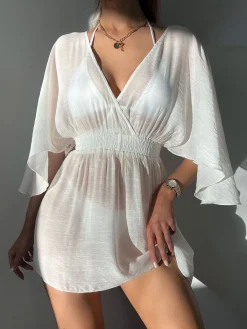 New Retro Stage 1950s Solid Cap Sleeve Beach Cover Up White