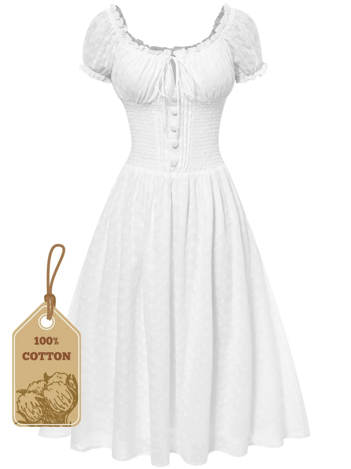 Online Retro Stage 1940s Solid Cotton Embroidered Lace Dress White