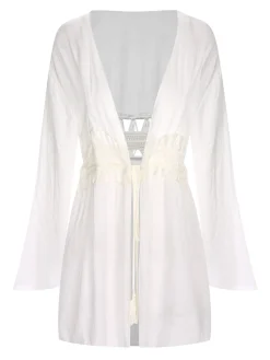 Best Retro Stage White 1960s Solid Hollow Waist Cover Up