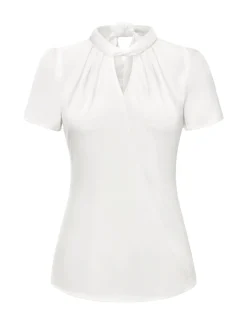 New Retro Stage 1930s Solid Keyhole-Neck Satin Blouse White