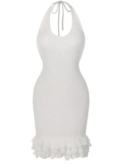 Discount Retro Stage 1960s Solid Knitted Overlay Dress White