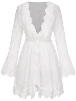 Online Retro Stage 1940s Solid Lace Beach Cover Up White