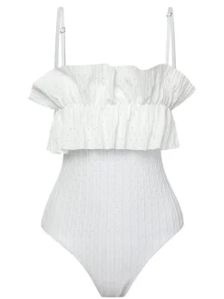 Discount Retro Stage 1970s Solid Ruffles Bandeau Swimsuit White