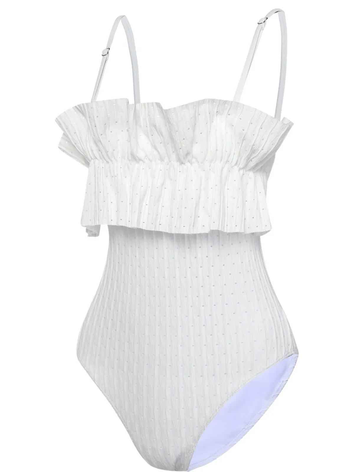 Discount Retro Stage 1970s Solid Ruffles Bandeau Swimsuit White