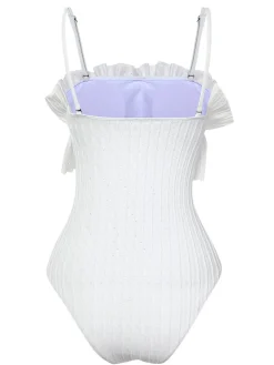 Discount Retro Stage 1970s Solid Ruffles Bandeau Swimsuit White