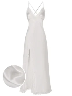 Outlet Retro Stage 1950s Solid Satin Slit Suspender Nightdress White