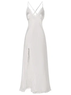 Outlet Retro Stage 1950s Solid Satin Slit Suspender Nightdress White