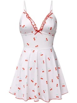 New Retro Stage 1950s Spaghetti Strap Cherry Bow Sleepwear White