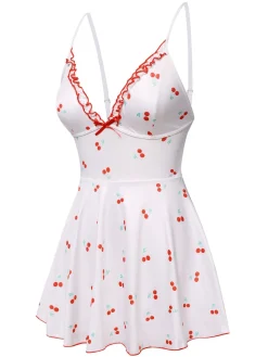 New Retro Stage 1950s Spaghetti Strap Cherry Bow Sleepwear White