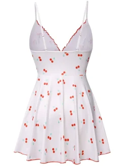 New Retro Stage 1950s Spaghetti Strap Cherry Bow Sleepwear White