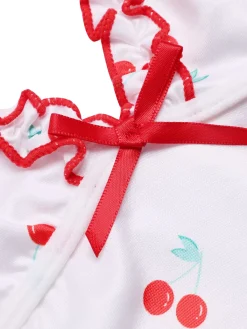 New Retro Stage 1950s Spaghetti Strap Cherry Bow Sleepwear White