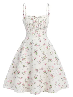 Fashion Retro Stage 1950s Spaghetti Strap Floral A-Line Dress White