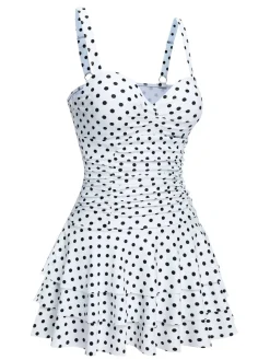 Fashion Retro Stage 1950s Spaghetti Strap Polka Dots Swimsuit White