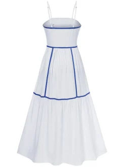 Fashion Retro Stage 1930s Spaghetti Straps Blue Lines Dress White
