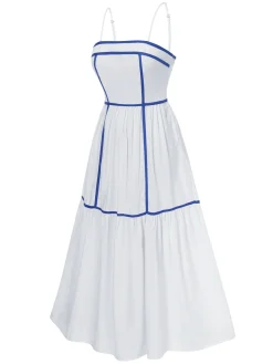 Fashion Retro Stage 1930s Spaghetti Straps Blue Lines Dress White