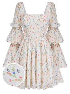 New Retro Stage 1960s Square Neck Puff Ditsy Floral Dress White