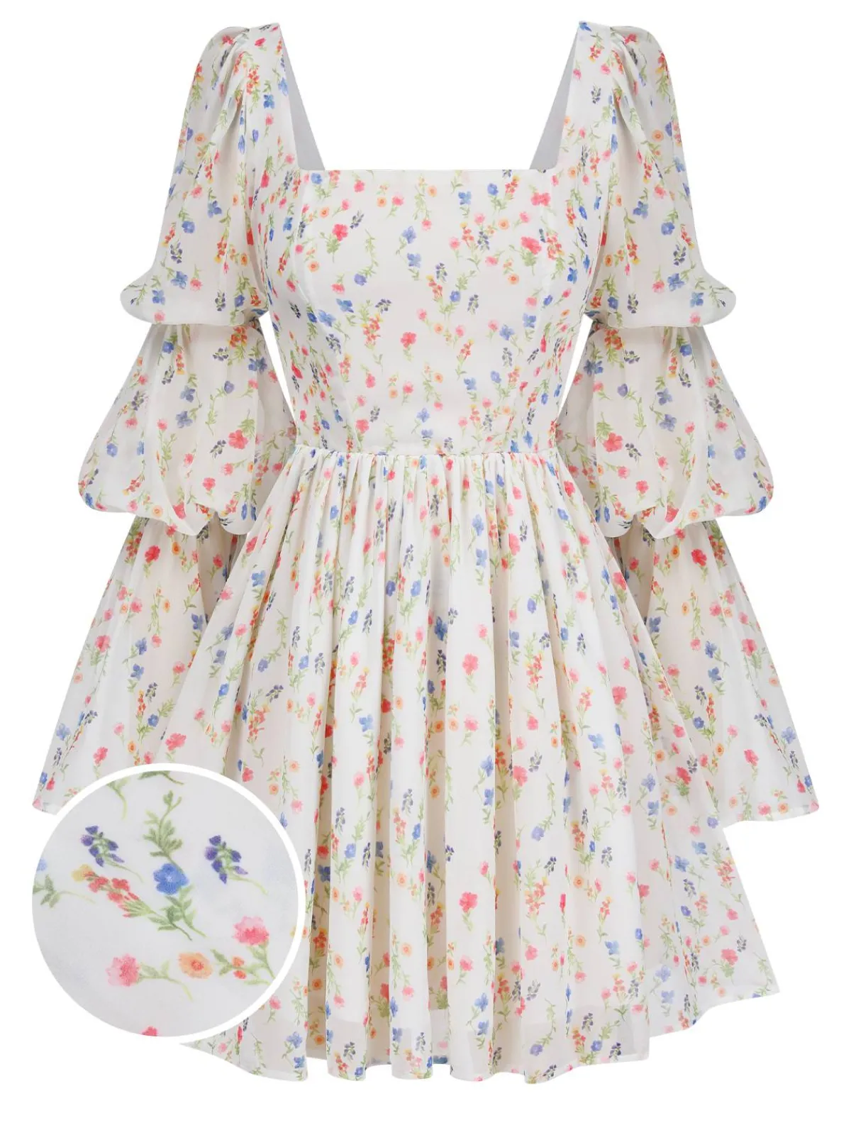 New Retro Stage 1960s Square Neck Puff Ditsy Floral Dress White