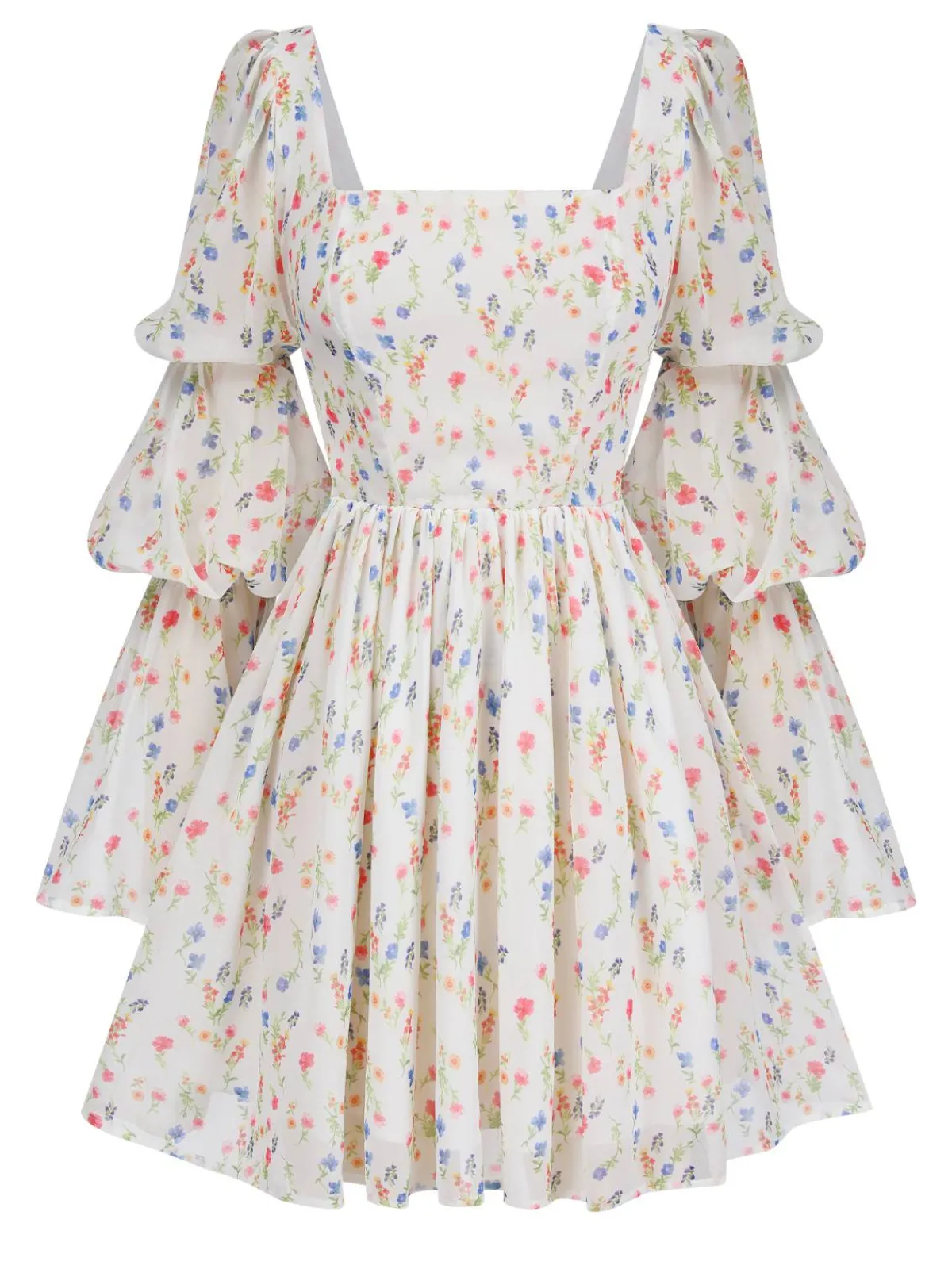 New Retro Stage 1960s Square Neck Puff Ditsy Floral Dress White