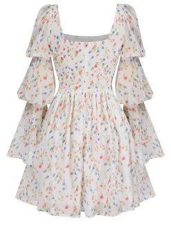 New Retro Stage 1960s Square Neck Puff Ditsy Floral Dress White