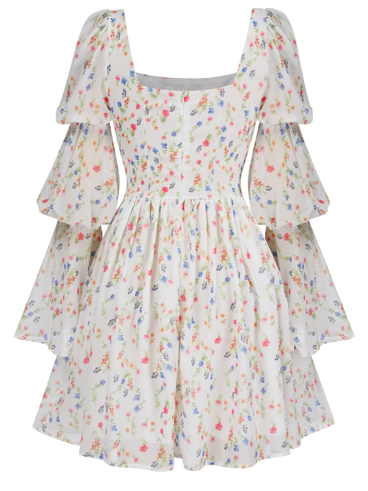 New Retro Stage 1960s Square Neck Puff Ditsy Floral Dress White