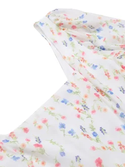 New Retro Stage 1960s Square Neck Puff Ditsy Floral Dress White