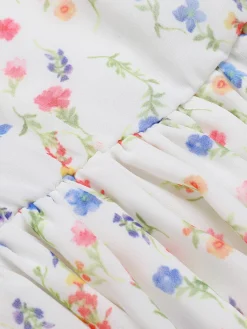 New Retro Stage 1960s Square Neck Puff Ditsy Floral Dress White