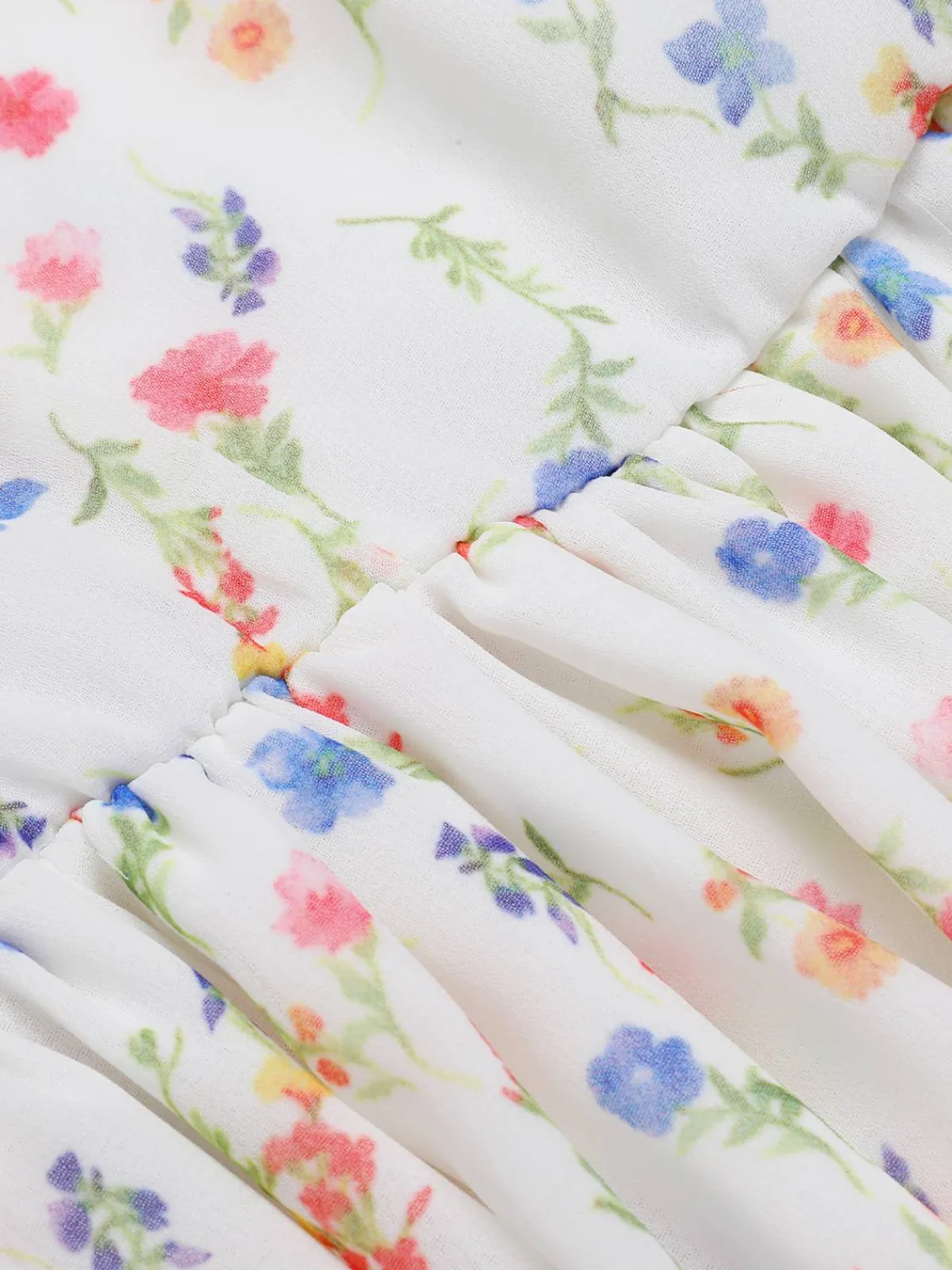 New Retro Stage 1960s Square Neck Puff Ditsy Floral Dress White