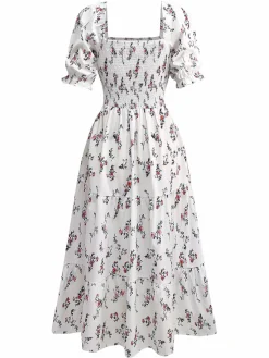 Hot Retro Stage 1950s Square Neck Puff Sleeve Floral Dress White