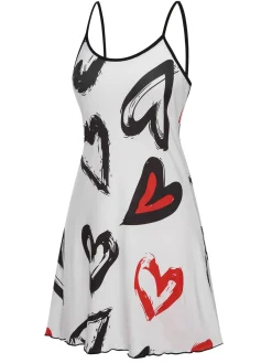 Discount Retro Stage 1950s Strap Heart Print Sleepwear White