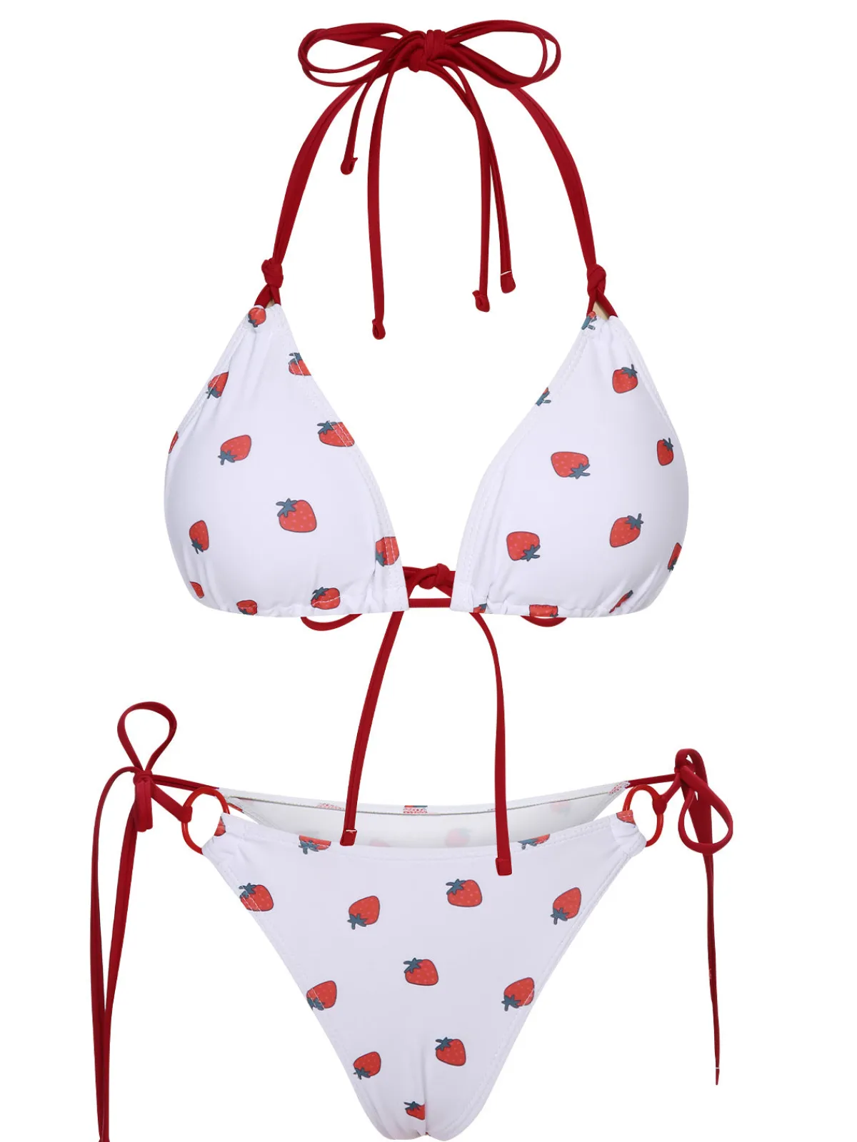 Best Retro Stage 1960s Strawberry Lace-Up Halter Bikini Set White