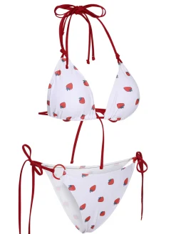 Best Retro Stage 1960s Strawberry Lace-Up Halter Bikini Set White