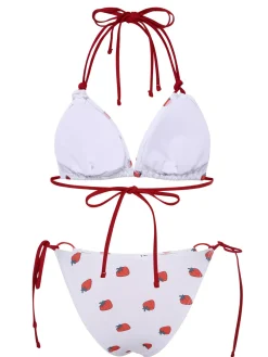 Best Retro Stage 1960s Strawberry Lace-Up Halter Bikini Set White