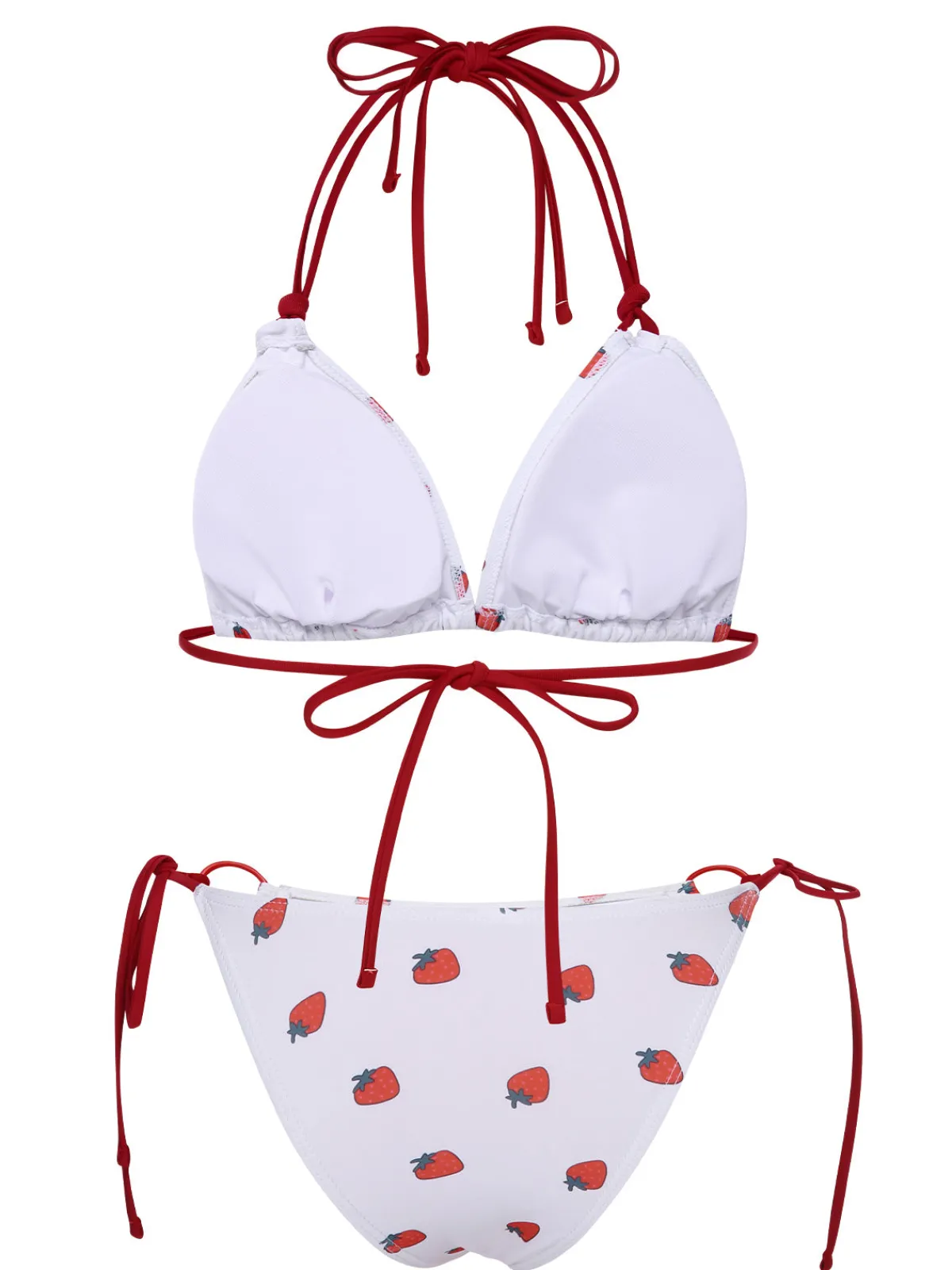 Best Retro Stage 1960s Strawberry Lace-Up Halter Bikini Set White