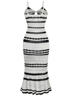 New Retro Stage 1970s Striped Knit Bodycon Dress White