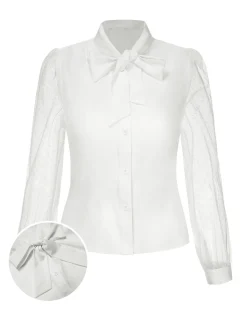 New Retro Stage 1940s Tie Neck Mesh Swiss Dots Blouse White