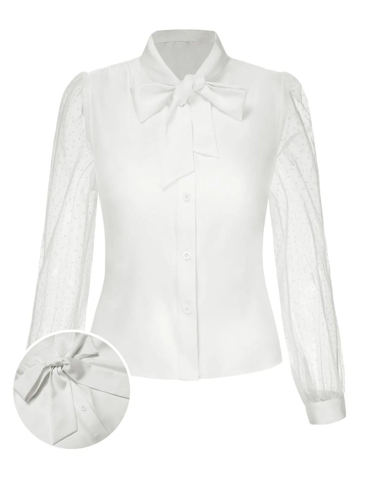 New Retro Stage 1940s Tie Neck Mesh Swiss Dots Blouse White