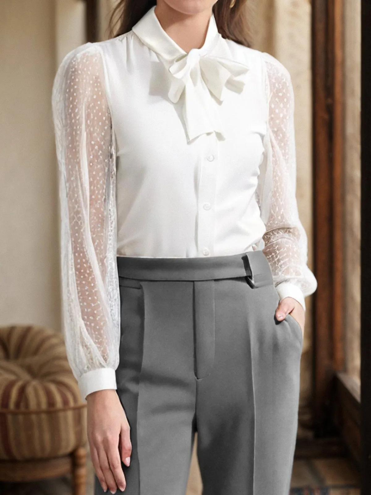 New Retro Stage 1940s Tie Neck Mesh Swiss Dots Blouse White