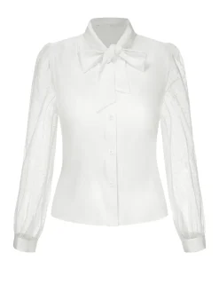 New Retro Stage 1940s Tie Neck Mesh Swiss Dots Blouse White