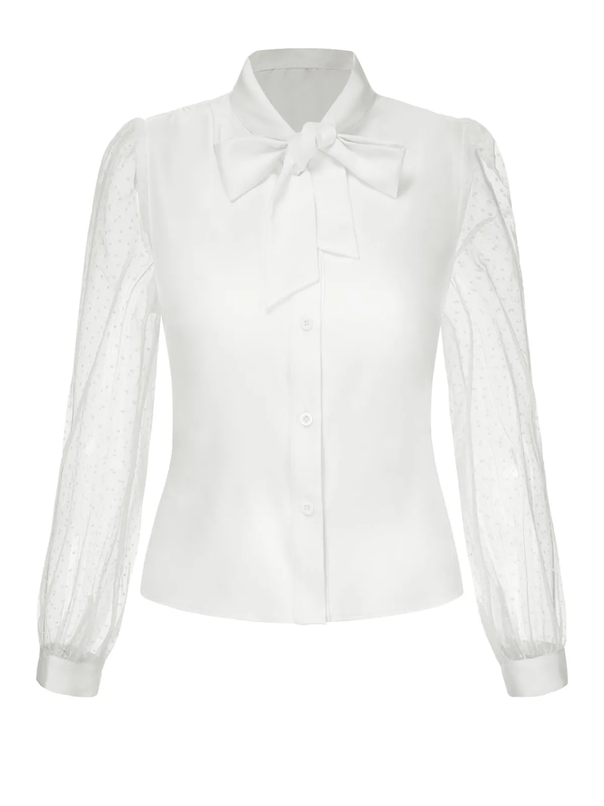 New Retro Stage 1940s Tie Neck Mesh Swiss Dots Blouse White