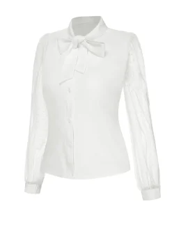 New Retro Stage 1940s Tie Neck Mesh Swiss Dots Blouse White