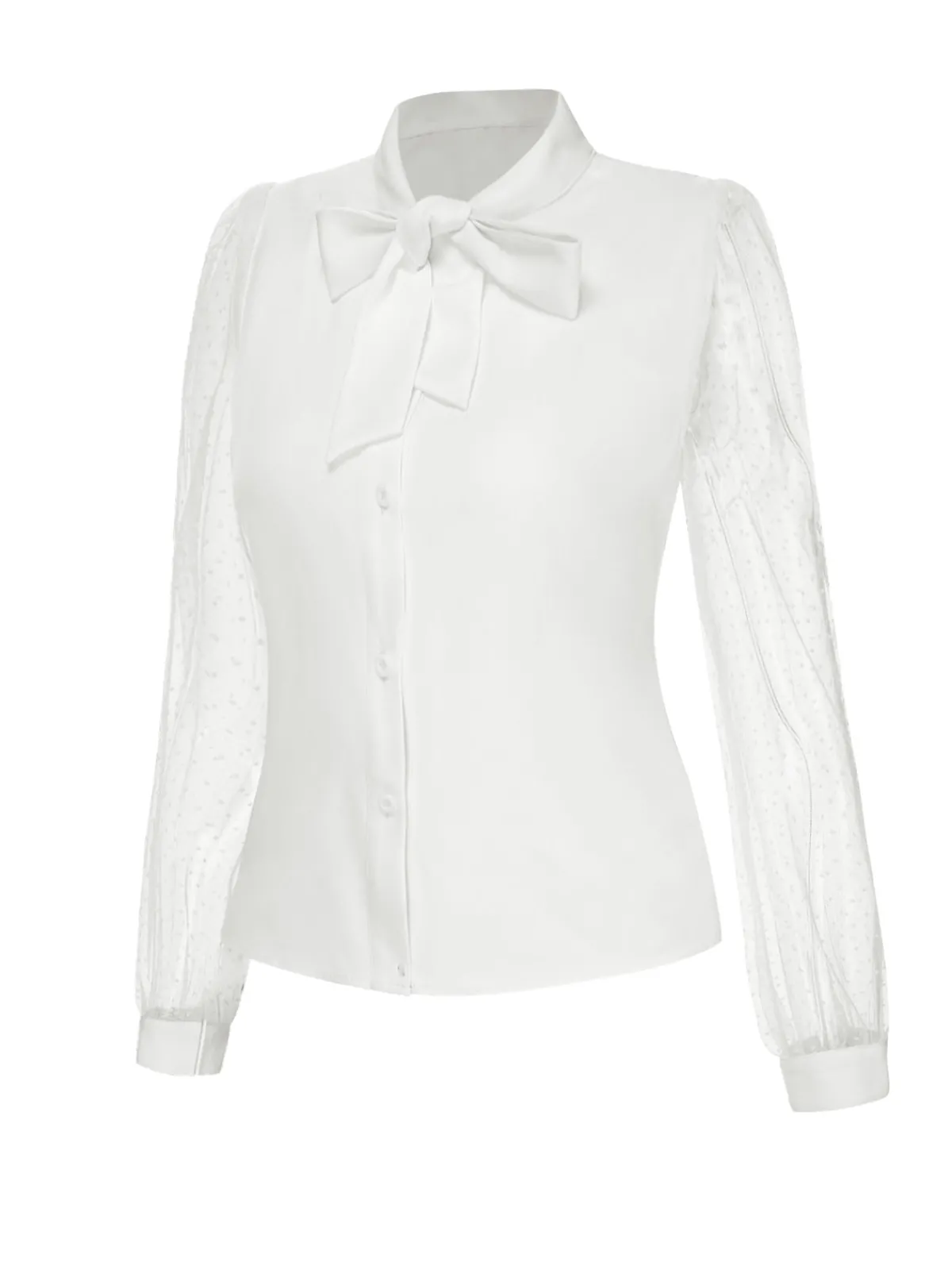 New Retro Stage 1940s Tie Neck Mesh Swiss Dots Blouse White