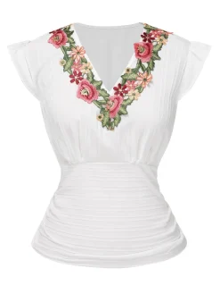 Best Retro Stage 1970s V-Neck Embroidered Floral Ruched Blouse White